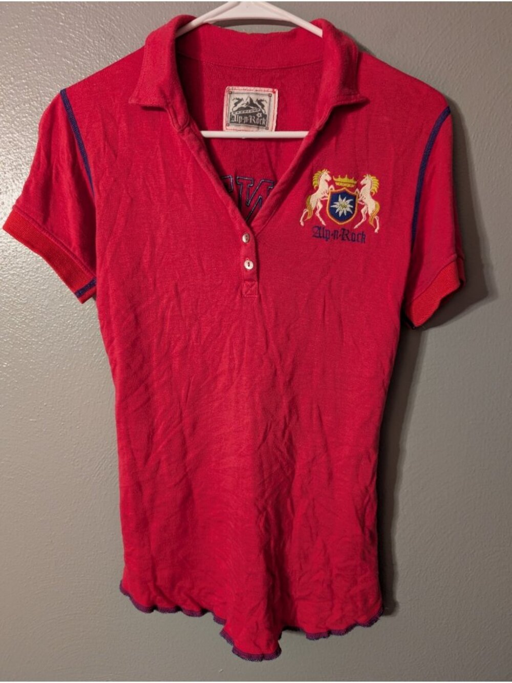 Alp N Rock Womens 2 M Pink Polo Shirt Hunter Applique Edelweiss Ski Retro USA